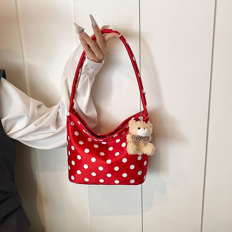 Korean style women's bag, mercerized forged polka dot underarm bucket bag, small fresh and fashionable women's shoulder bag, cute bear