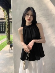 Korean style high-end satin outfit with elegant sleeveless halterneck top, real shot and real price