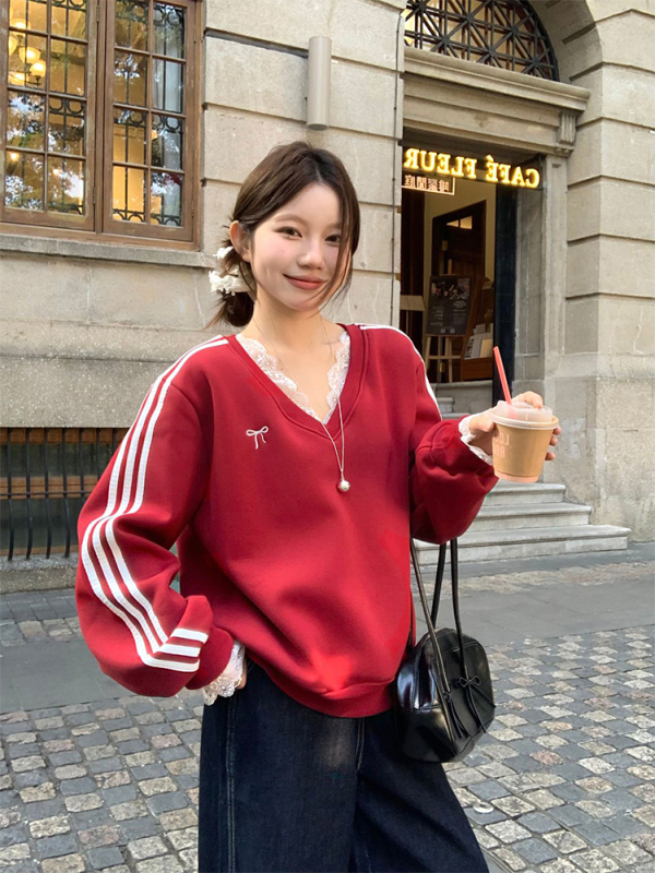 Korean chic American retro lace fake two-piece three-bar velvet warm sweatshirt