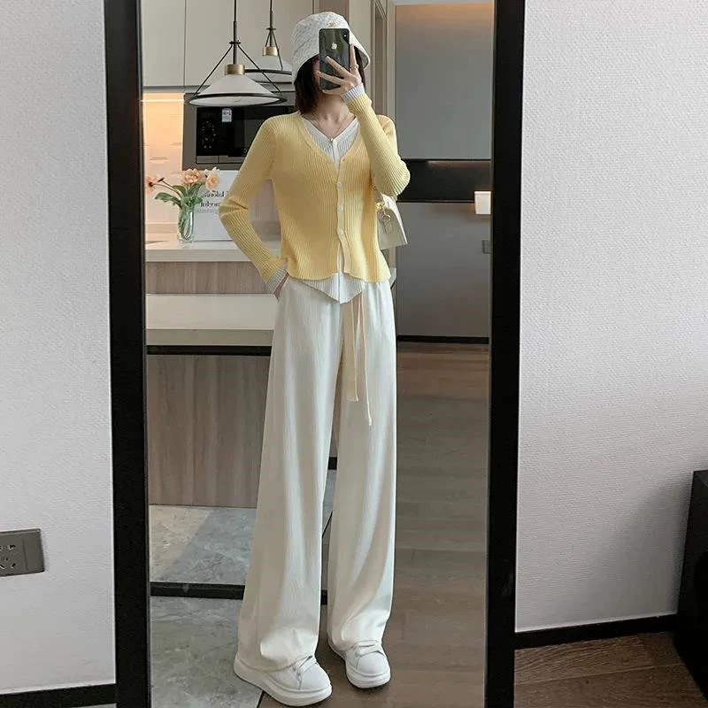 Ice silk fabric off-white wide-leg pants for women autumn high-waisted new casual pants