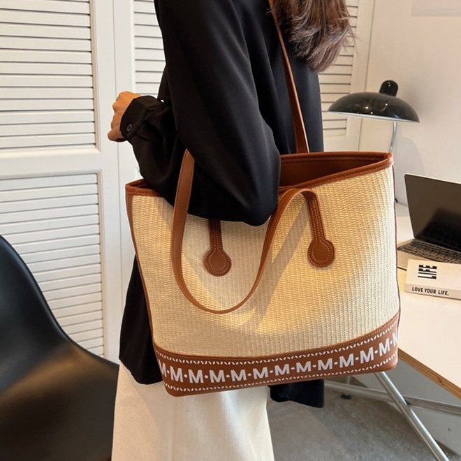 Baigou luggage wholesale canvas contrasting shoulder bag women's new style fashionable and practical commuting tote bag