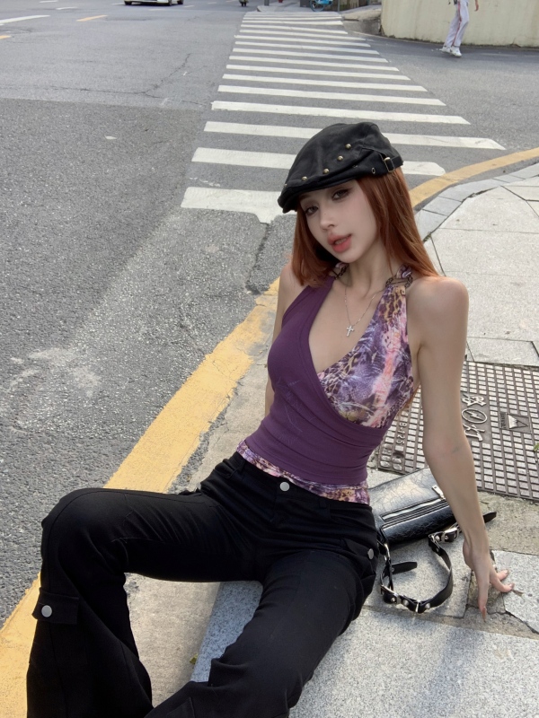 Real shot and real price Summer design purple irregular splicing camisole women's halter top