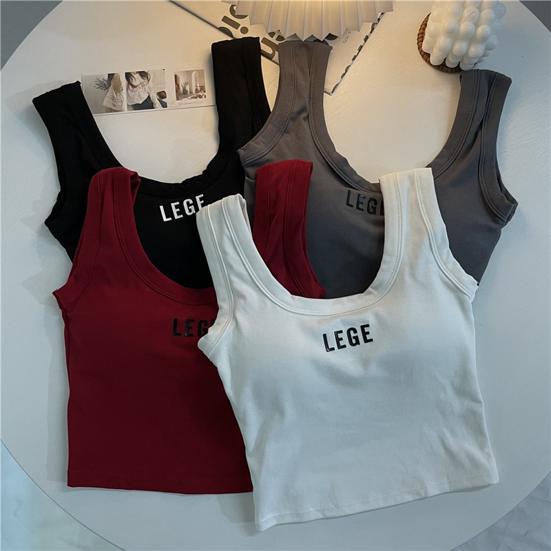 Real shot of red u-neck letter vest for women 2023 summer Hong Kong style slim fit and beautiful back suspender top