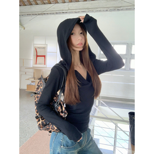sasaouni same style hooded white bottoming shirt long-sleeved T-shirt women's autumn and winter inner top