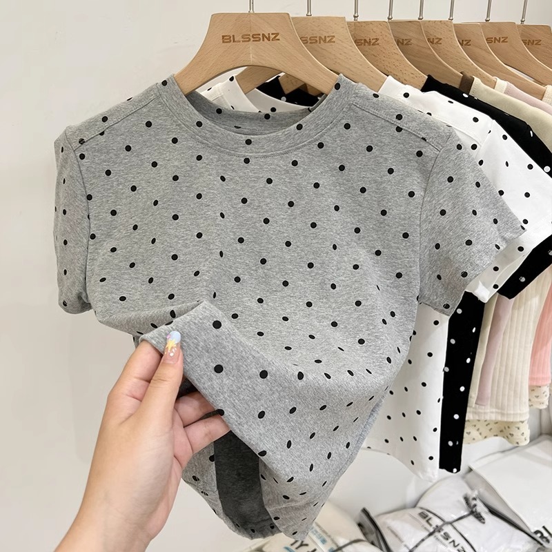 Short-sleeved T-shirt for women summer 2024 short right shoulder polka dot round neck top Korean style women's clothing