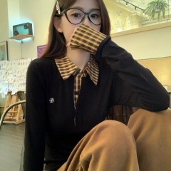 Plaid fake two-piece right shoulder long-sleeved T-shirt for women autumn slim polo collar inner top