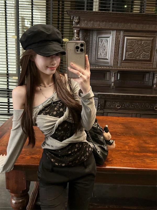 Lace swirl autumn and winter design oblique shoulder twist lace long-sleeved bottoming shirt T-shirt top