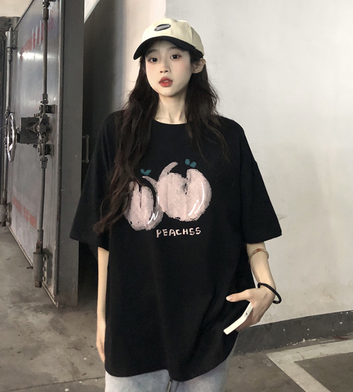 Pure cotton short-sleeved T-shirt for women with pink peach print top