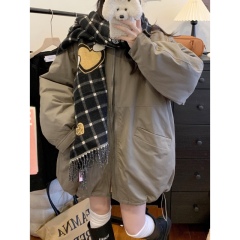 Actual shot#Korean style lapel quilted windbreaker and cotton coat for women in winter loose and thickened charging cotton coat mid-length coat