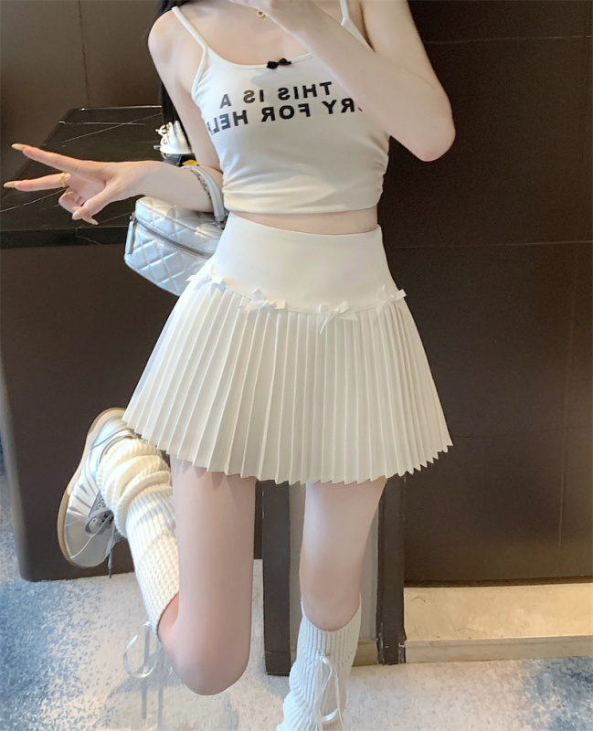 Real shot, real price, high waist, slimming, anti-exposure, pleated skirt, bow tie, versatile A-line skirt