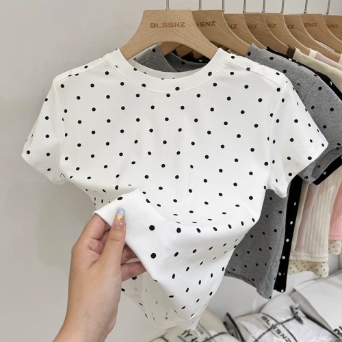 Short-sleeved T-shirt for women summer 2024 short right shoulder polka dot round neck top Korean style women's clothing