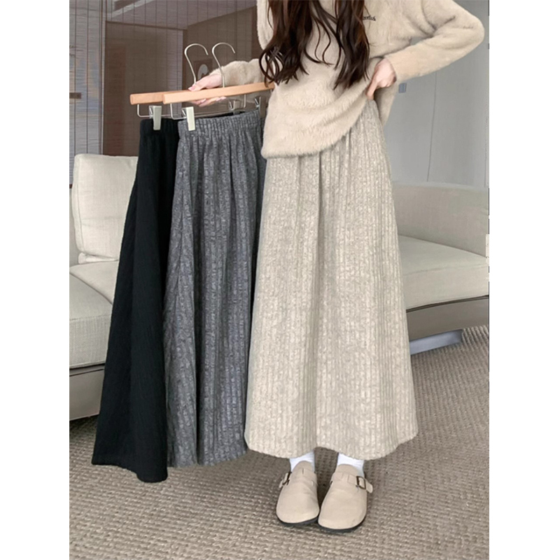 Small velvet A-line skirt for women autumn and winter elastic waist skirt 2024 spring new gray mid-length skirt