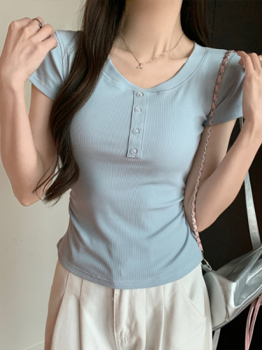 Real shot-right shoulder round neck short-sleeved white T-shirt summer pleated slim waist hottie short top for women