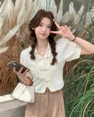 Actual shot of new summer style retro Chinese-style buckle temperament stand-up collar shirt short puff-sleeve top chic shirt for women