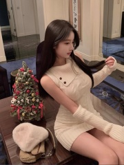 Atmospheric sleeve design, retro cable textured high-neck knitted dress, women's winter inner skirt