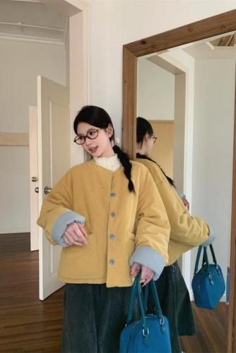 Practical goose yellow and blue reversible round neck thickened warm cotton jacket