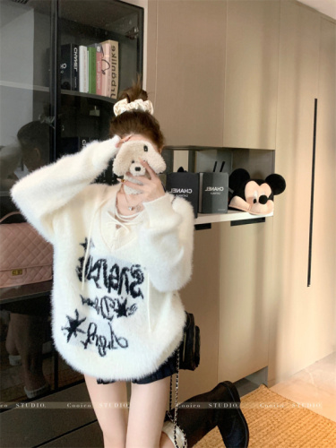 Fluffy, sweet and cool V-neck strappy imitation mink loose sweater to keep warm