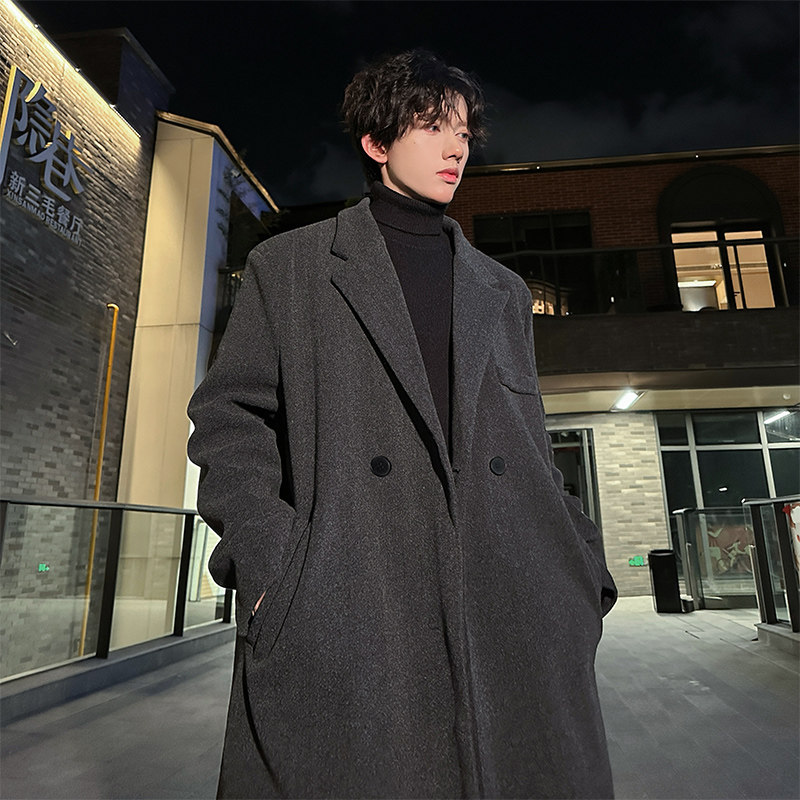 Mid-length woolen coat for men, autumn and winter loose single-breasted windbreaker jacket