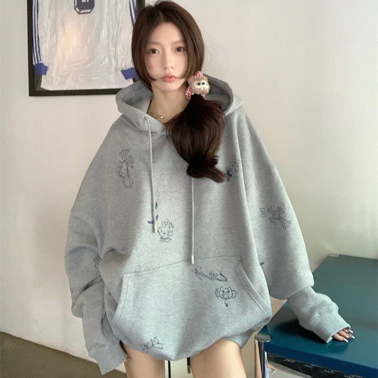 Large size gray lazy loose hooded velvet sweatshirt women's oversize casual jacket women's trend