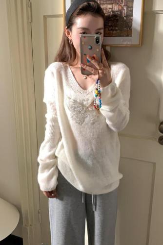 Mohair beaded bow knitted sweater, loose and lazy long-sleeved top