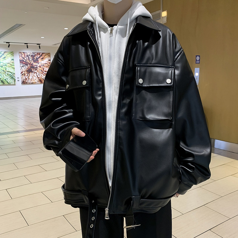 Hooded youth popular loose leather jacket simple temperament new men's casual leather jacket Japanese trend