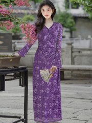 Autumn and winter French romantic charm purple stretch lace dress temperament long skirt for women