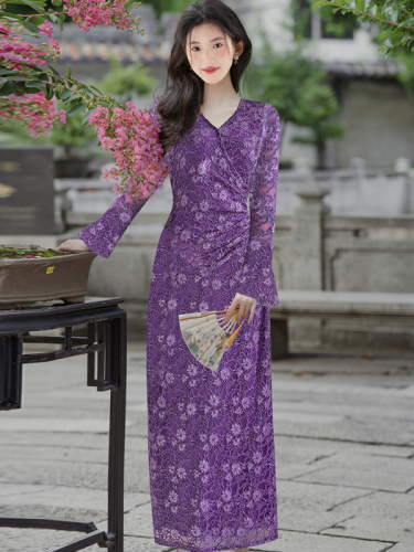 Autumn and winter French romantic charm purple stretch lace dress temperament long skirt for women