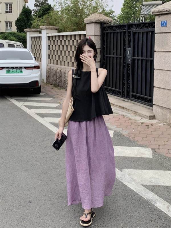 Actual shot of relaxed summer wear 2024 new sleeveless vest high waist skirt two-piece suit for women