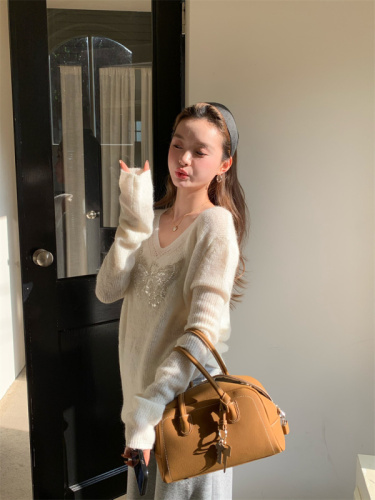 Mohair beaded bow knitted sweater, loose and lazy long-sleeved top