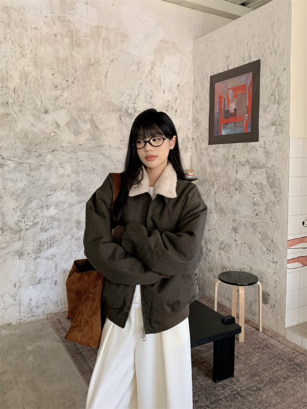 American retro lapel lamb wool jacket for women autumn and winter loose warm work jacket