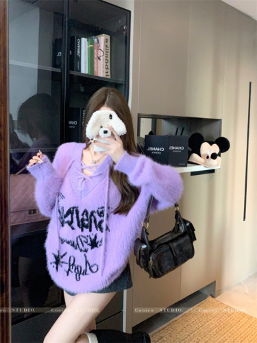 Fluffy, sweet and cool V-neck strappy imitation mink loose sweater to keep warm