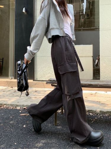 Ribbon design overalls straight high waist niche design pocket wide leg casual pants for women