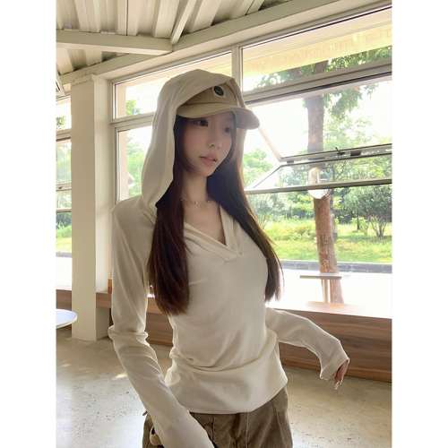 sasaouni same style hooded white bottoming shirt long-sleeved T-shirt women's autumn and winter inner top