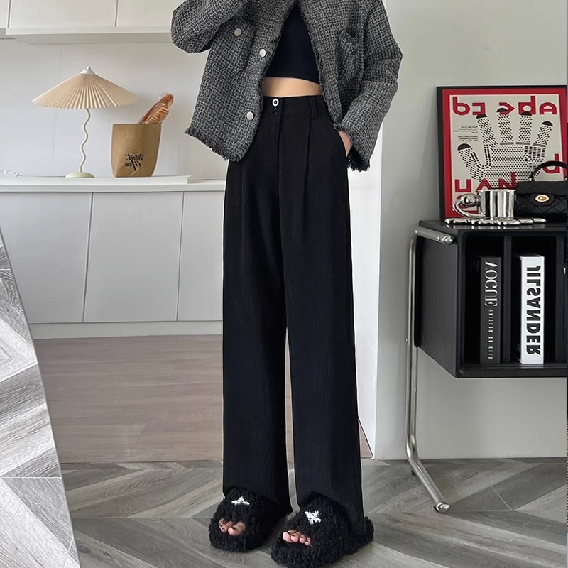 Suit pants for women in autumn and winter plus velvet and thickened fat mm large size high waist straight casual chenille corduroy wide leg pants