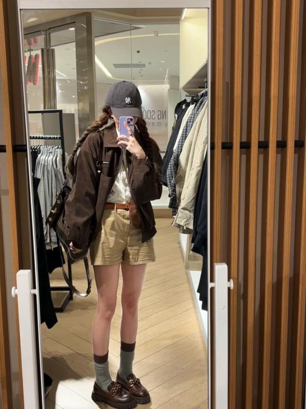 American retro brown suede jacket + khaki shorts