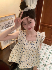 Real shot and real price Summer new sweet flower square collar single-breasted small flying sleeves shirt for women
