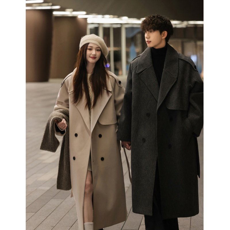 Couples' autumn and winter woolen coats for men and women, mid-length Korean style British windbreaker jackets