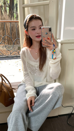 Mohair beaded bow knitted sweater, loose and lazy long-sleeved top