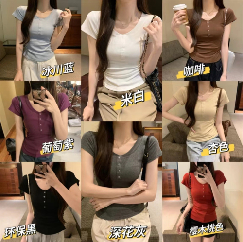 Real shot-right shoulder round neck short-sleeved white T-shirt summer pleated slim waist hottie short top for women