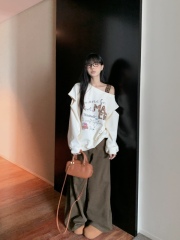 Printed design niche loose and lazy leopard print oblique shoulder off-shoulder long-sleeved top