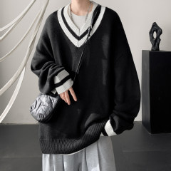 Color block V-neck sweater for men in autumn and winter, high-end loose and lazy sweater