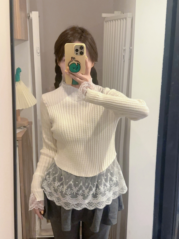 Popular design lace splicing mid-collar wool sweater