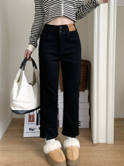 High waist elastic slim slit straight leg trousers denim trousers