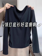Korean chic autumn and winter new irregular black v-neck long-sleeved T-shirt bottoming shirt for women with western style inner waist top