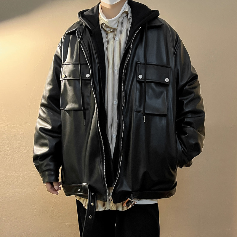 Spring new style removable hooded lapel leather jacket