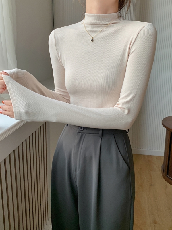 Early autumn and winter threaded half-high collar inner layering shirt brushed plus thin velvet 2023 layered long-sleeved T-shirt women's top