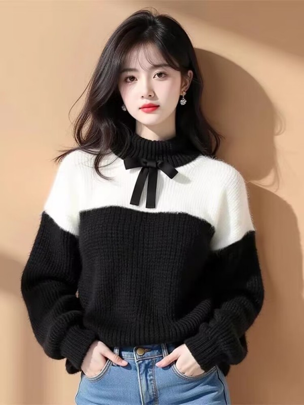 Black spliced ​​bow knitted soft and waxy unique beautiful sweater for women 2024 new late autumn and early winter lazy top