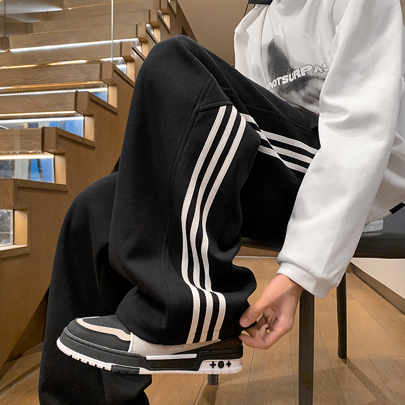 Trendy autumn and winter striped sweatpants loose straight-leg sweatpants for men