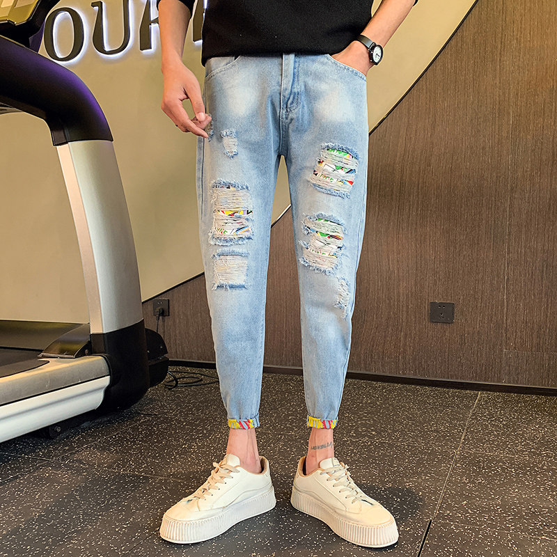 Summer trendy brand ripped nine-point jeans for men, handsome nine-point pants for boys