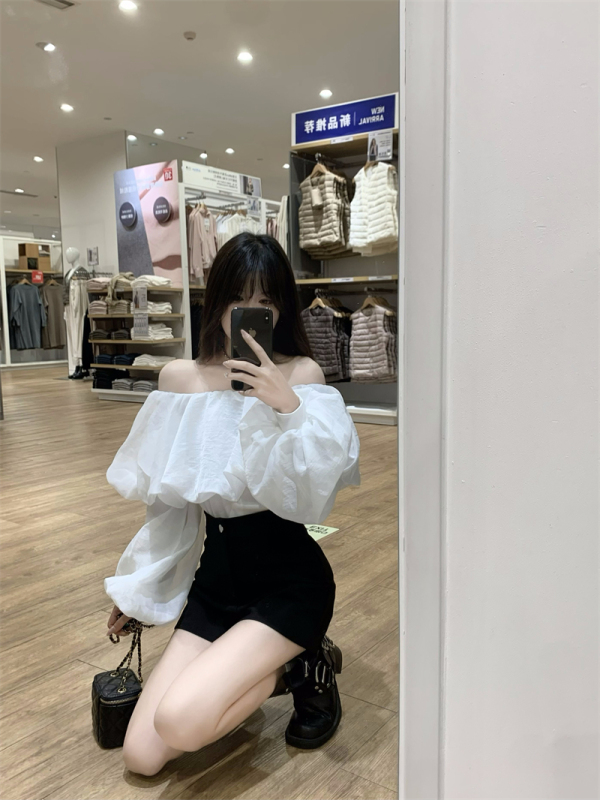 One-shoulder French high-end lantern sleeve shirt with waisted cropped top + black high-waisted shorts